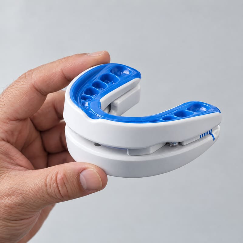 The Nitey mouthpiece held in a hand, showing its size